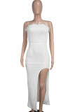 White Sexy Solid Sequins Patchwork Feathers Backless High Opening Strapless Strapless Dresses