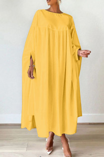 Yellow Elegant Solid Patchwork Fold O Neck Irregular Dresses