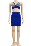 Blue Sexy Solid Patchwork Spaghetti Strap Sleeveless Short Two Pieces
