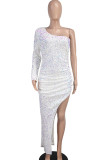 White Sexy Solid Sequins Patchwork High Opening Oblique Collar Irregular Dresses