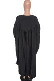 Black Elegant Solid Patchwork Fold O Neck Irregular Dresses