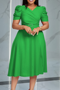 Green Elegant Solid Patchwork Fold V Neck A Line Dresses