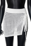 White Street Solid Bandage Hollowed Out Patchwork Slit Weave Regular Mid Waist Conventional Solid Color Bottoms