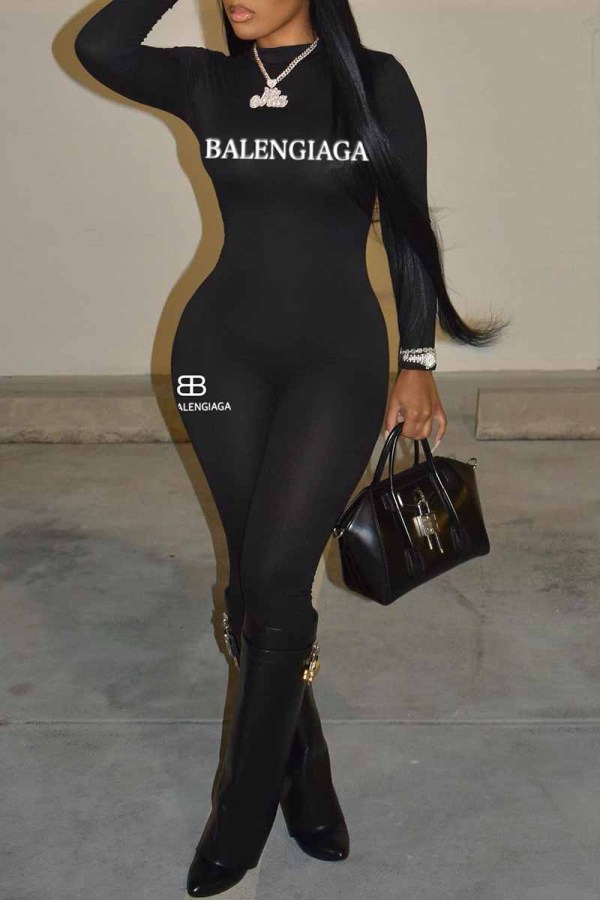 Black Casual Street Print Letter O Neck Jumpsuits