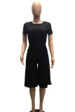 Black Casual Solid Patchwork Pocket Buckle O Neck Loose Rompers