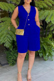 Blue Casual Solid Patchwork Pocket Buckle V Neck Sleeveless Two Pieces
