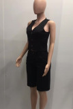 Black Casual Solid Patchwork Pocket Buckle V Neck Sleeveless Two Pieces