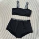 Black Vacation Simplicity Letter Patchwork Swimwears