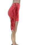 Watermelon Red Street Solid Tassel Patchwork Skinny Mid Waist Conventional Solid Color Bottoms