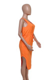 Tangerine Elegant Solid Patchwork Pocket U Neck Sleeveless Dresses