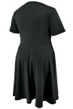 Black Celebrities Solid Hollowed Out Patchwork O Neck A Line Plus Size Dresses