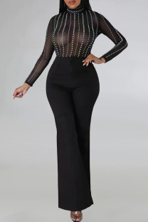 Black Celebrities Hollowed Out Patchwork See-through Hot Drill Half A Turtleneck Long Sleeve Two Pieces