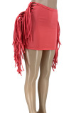 Watermelon Red Street Solid Tassel Patchwork Skinny Mid Waist Conventional Solid Color Bottoms