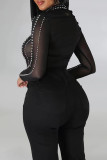 Black Celebrities Hollowed Out Patchwork See-through Hot Drill Half A Turtleneck Long Sleeve Two Pieces