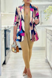 Blue Brown Casual Daily Mixed Printing Printing Contrast Turn-back Collar Outerwear
