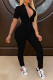 Black Street Solid Patchwork Zipper Zipper Collar Skinny Jumpsuits