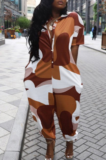 Brown Casual Print Patchwork Pocket Buckle Turndown Collar Plus Size Jumpsuits