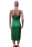 Green Casual Solid Patchwork Slit Spaghetti Strap Sling Dresses