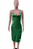 Green Casual Solid Patchwork Slit Spaghetti Strap Sling Dresses