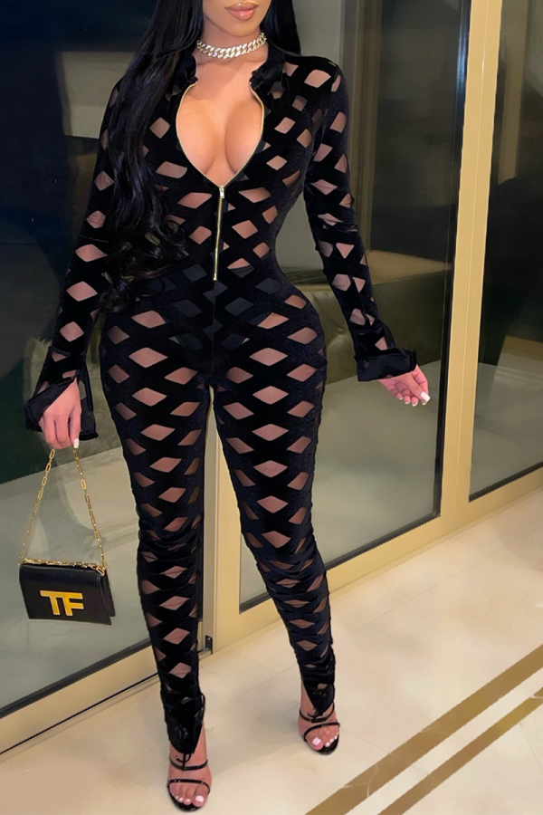 Black Sexy Solid Mesh Zipper Collar Skinny Jumpsuits