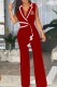 Red Elegant Print Patchwork V Neck Jumpsuits