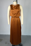 Brown Sweet Solid Patchwork Pleated Asymmetrical Collar Sleeveless Two Pieces