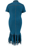 Royal Blue Street Solid Tassel Patchwork Zipper Zipper Collar Denim Plus Size Dresses