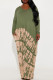 Army Green Celebrities Print Patchwork Pocket V Neck One Step Skirt Plus Size Dresses