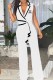 White Elegant Print Patchwork V Neck Jumpsuits