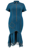 Royal Blue Street Solid Tassel Patchwork Zipper Zipper Collar Denim Plus Size Dresses