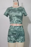 Green Celebrities Print Patchwork O Neck Short Sleeve Two Pieces