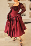Burgundy Sweet Solid Lace Bandage Patchwork Square Collar A Line Dresses