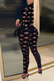 Red Sexy Solid Mesh Zipper Collar Skinny Jumpsuits