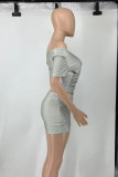 Silver Gray Sexy Solid Patchwork Fold Off the Shoulder Short Sleeve Two Pieces
