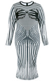 Black Celebrities Print Patchwork Slit Zipper O Neck Wrapped Skirt Plus Size Dresses