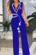 Blue Elegant Print Patchwork V Neck Jumpsuits