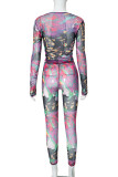 Purple Street Print Patchwork O Neck Long Sleeve Two Pieces