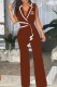 Dark Brown Elegant Print Patchwork V Neck Jumpsuits