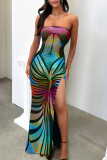 Rainbow Color Sexy Print Patchwork Backless High Opening Strapless Printed Dresses