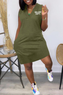 Army Green Casual Print Patchwork Pocket V Neck Sleeveless Dresses