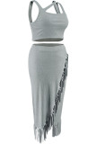 Light Gray Sweet Solid Tassel Hollowed Out Patchwork Slit Asymmetrical Collar Irregular Plus Size Two Pieces