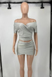 Silver Gray Sexy Solid Patchwork Fold Off the Shoulder Short Sleeve Two Pieces
