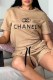 Khaki Casual Letter Frenulum O Neck Short Sleeve Two Pieces