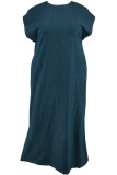Blue Vintage Solid Patchwork Backless O Neck Denim Plus Size Dresses