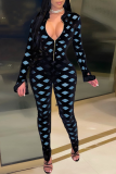 Red Sexy Solid Mesh Zipper Collar Skinny Jumpsuits