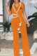 Orange Elegant Print Patchwork V Neck Jumpsuits
