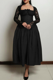 Black Sweet Solid Lace Bandage Patchwork Square Collar A Line Dresses