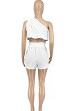 White Casual Solid Patchwork Pocket Oblique Collar Sleeveless Two Pieces