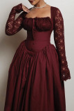 Burgundy Sweet Solid Lace Bandage Patchwork Square Collar A Line Dresses