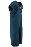 Blue Vintage Solid Patchwork Backless O Neck Denim Plus Size Dresses